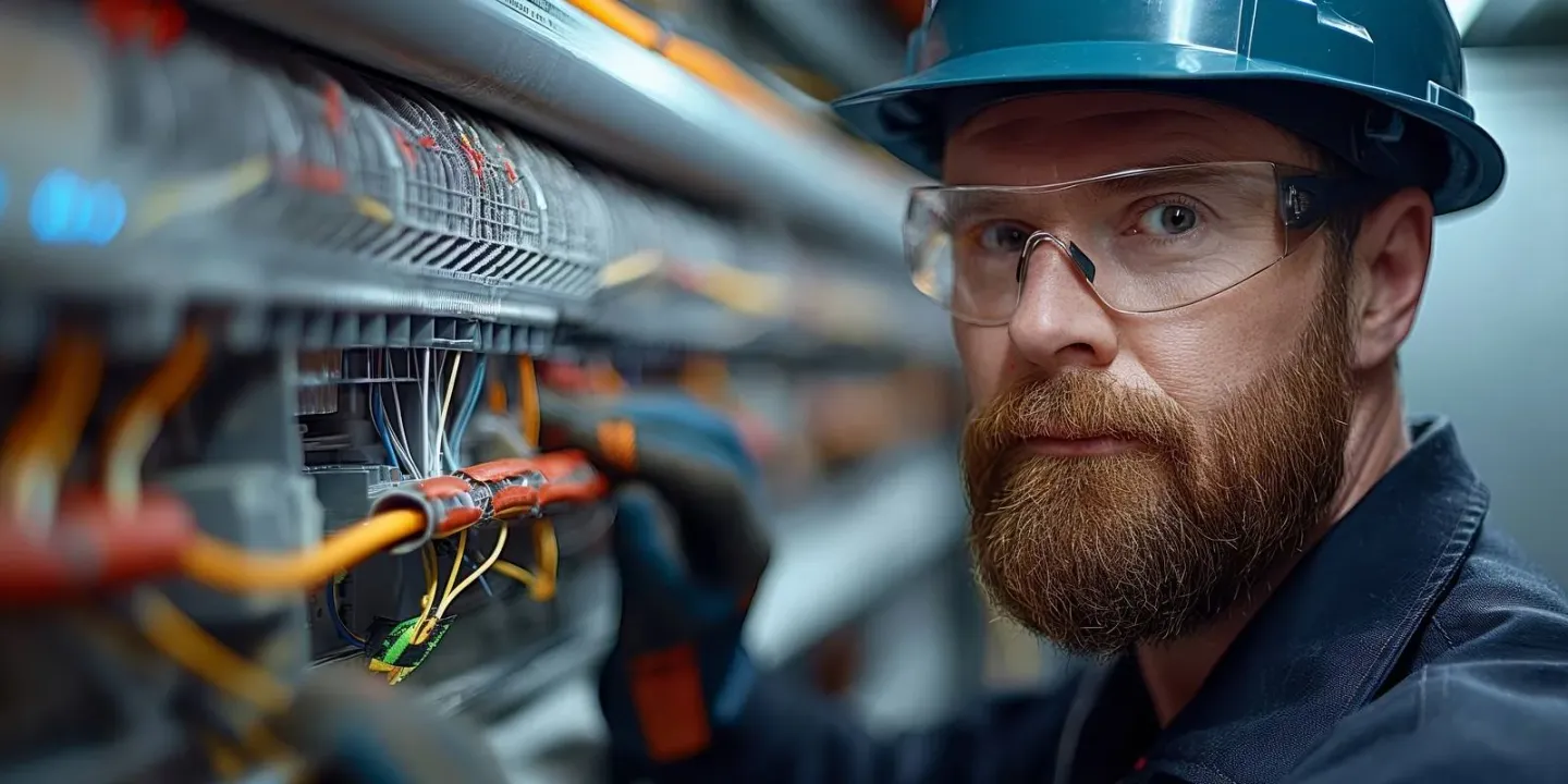 Elektriker i skyddshjälm och skyddsglasögon arbetar med elinstallation